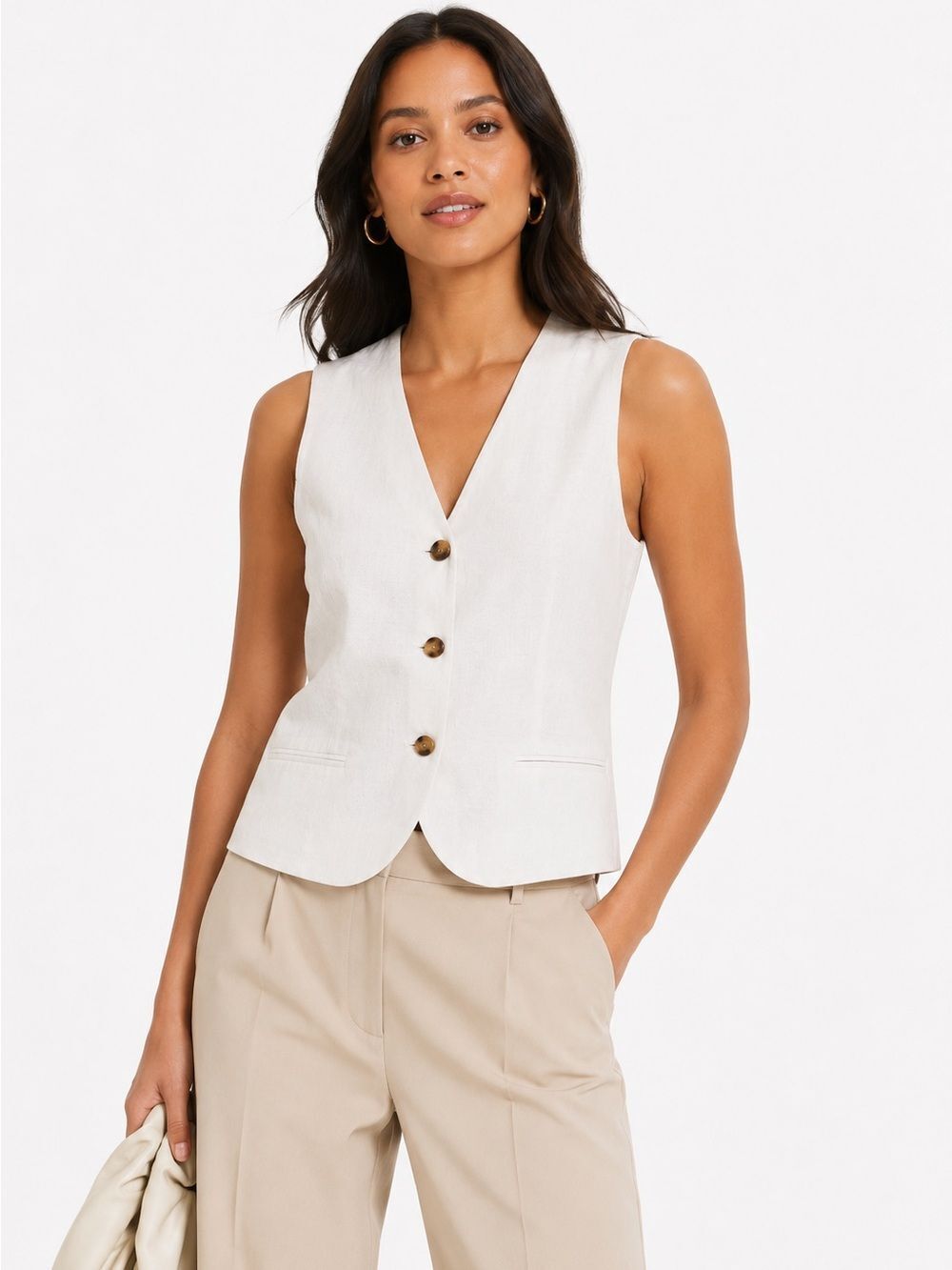 Calvin Klein Women’s Linen Blend Three Button Vest 6 Tofu NEW